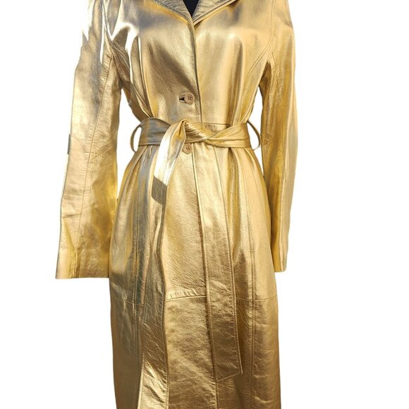 ⭐Luxury Designer Stylish Gold Real Genuine Leather Glamorous Jacket Coat Trench - Picture 4 of 16